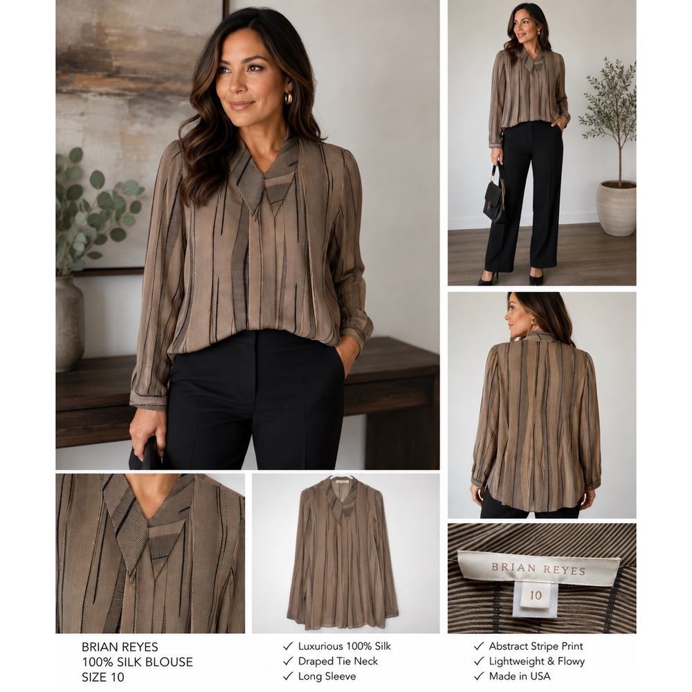 Brian Reyes 100% Silk Blouse Abstract Stripe Tie Neck Brown Tan Size 10